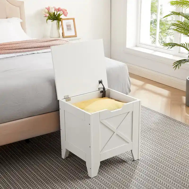 Banc de rangement, Coffre en bois avec charnières de sécurité et tapis en osier, Banc à chaussures pour entrée Style industriel