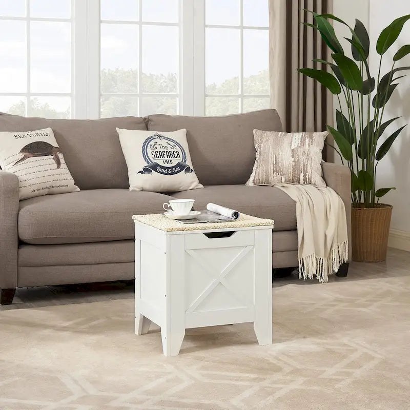 Banc de rangement, Coffre en bois avec charnières de sécurité et tapis en osier, Banc à chaussures pour entrée Style industriel