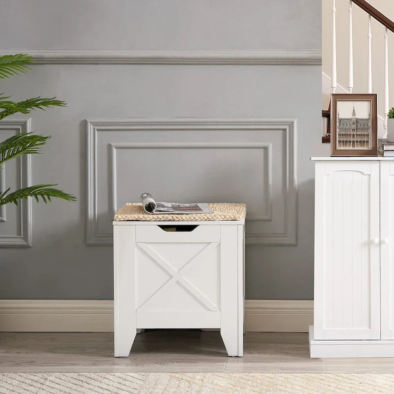 Banc de rangement, Coffre en bois avec charnières de sécurité et tapis en osier, Banc à chaussures pour entrée Style industriel