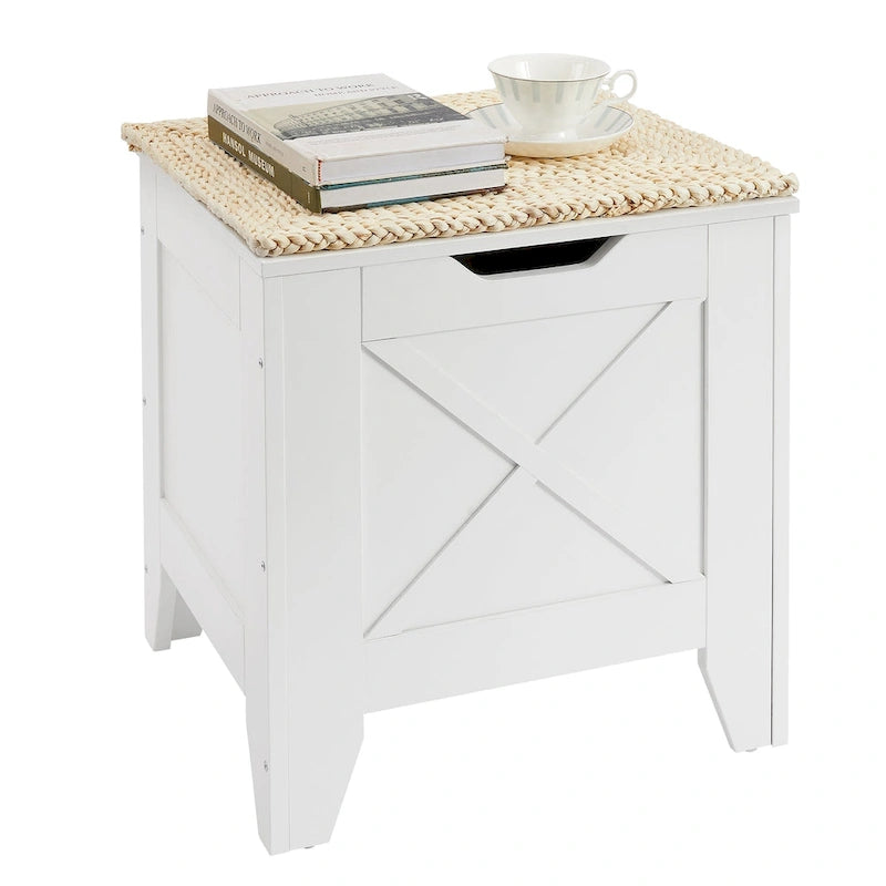Banc de rangement, Coffre en bois avec charnières de sécurité et tapis en osier, Banc à chaussures pour entrée Style industriel