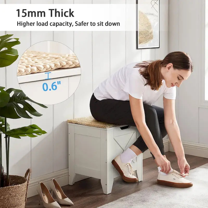 Banc de rangement, Coffre en bois avec charnières de sécurité et tapis en osier, Banc à chaussures pour entrée Style industriel