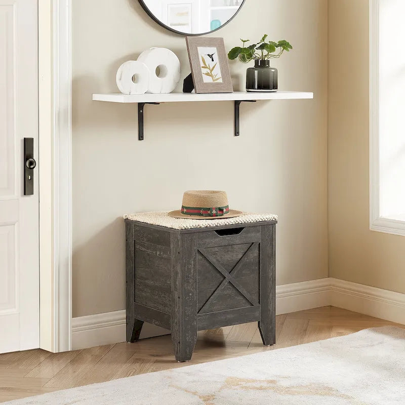 Banc de rangement, Coffre en bois avec charnières de sécurité et tapis en osier, Banc à chaussures pour entrée Style industriel