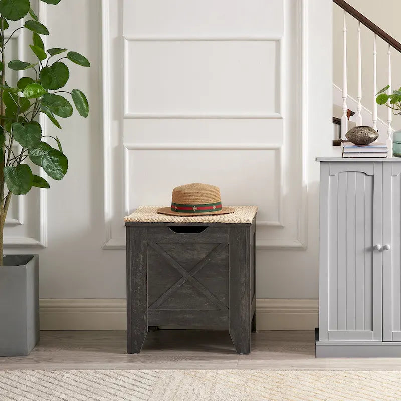 Banc de rangement, Coffre en bois avec charnières de sécurité et tapis en osier, Banc à chaussures pour entrée Style industriel