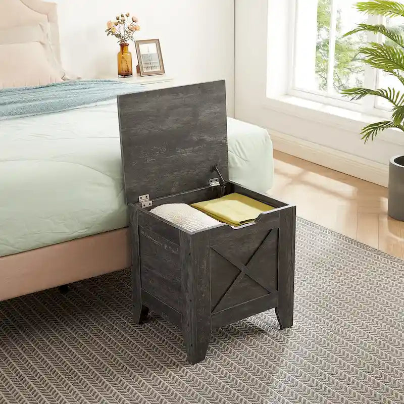 Banc de rangement, Coffre en bois avec charnières de sécurité et tapis en osier, Banc à chaussures pour entrée Style industriel