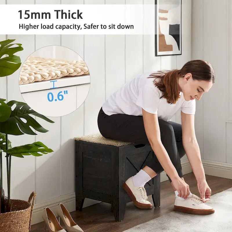 Banc de rangement, Coffre en bois avec charnières de sécurité et tapis en osier, Banc à chaussures pour entrée Style industriel