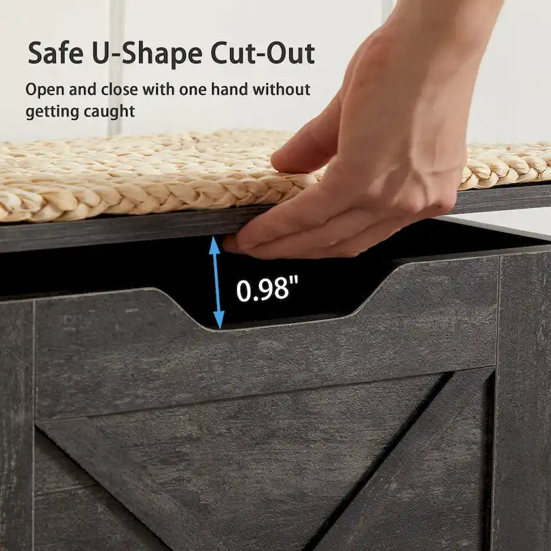 Banc de rangement, Coffre en bois avec charnières de sécurité et tapis en osier, Banc à chaussures pour entrée Style industriel