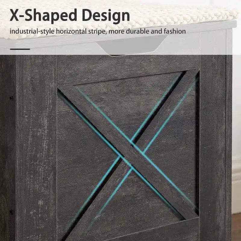 Banc de rangement, Coffre en bois avec charnières de sécurité et tapis en osier, Banc à chaussures pour entrée Style industriel