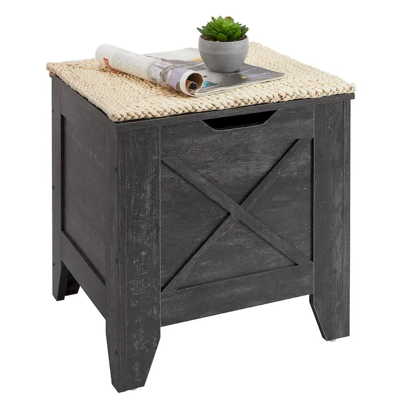 Banc de rangement, Coffre en bois avec charnières de sécurité et tapis en osier, Banc à chaussures pour entrée Style industriel