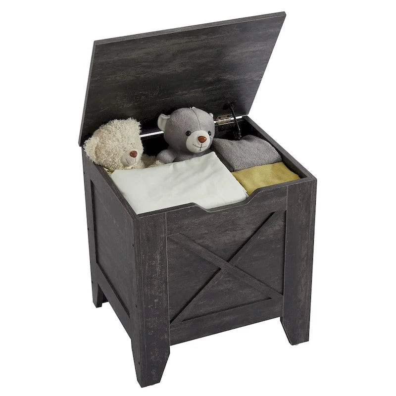 Banc de rangement, Coffre en bois avec charnières de sécurité et tapis en osier, Banc à chaussures pour entrée Style industriel