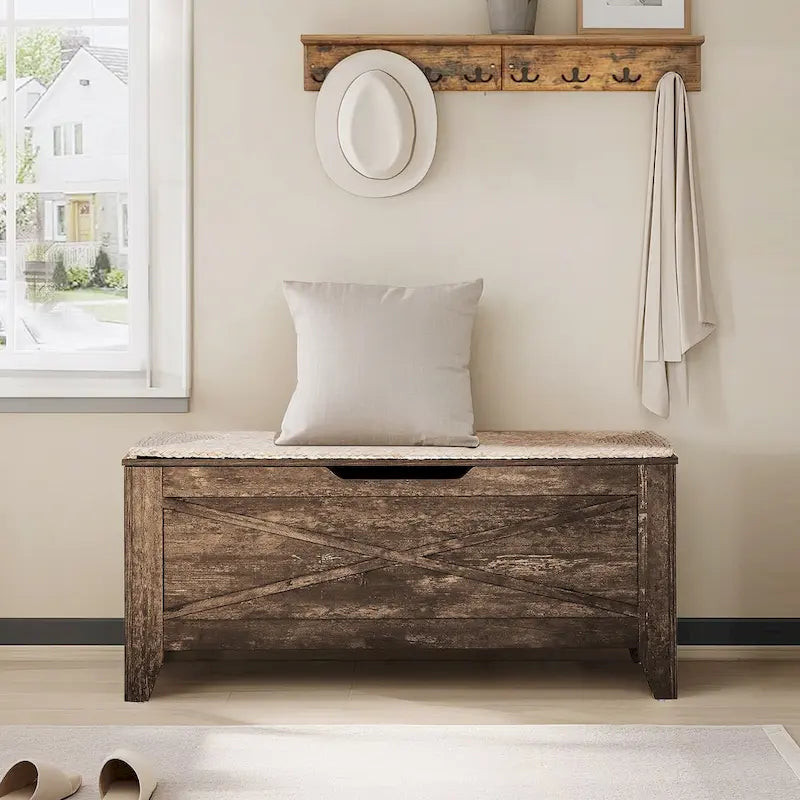 Banc de rangement, Coffre en bois avec charnières de sécurité et tapis en osier, Banc à chaussures pour entrée Style industriel
