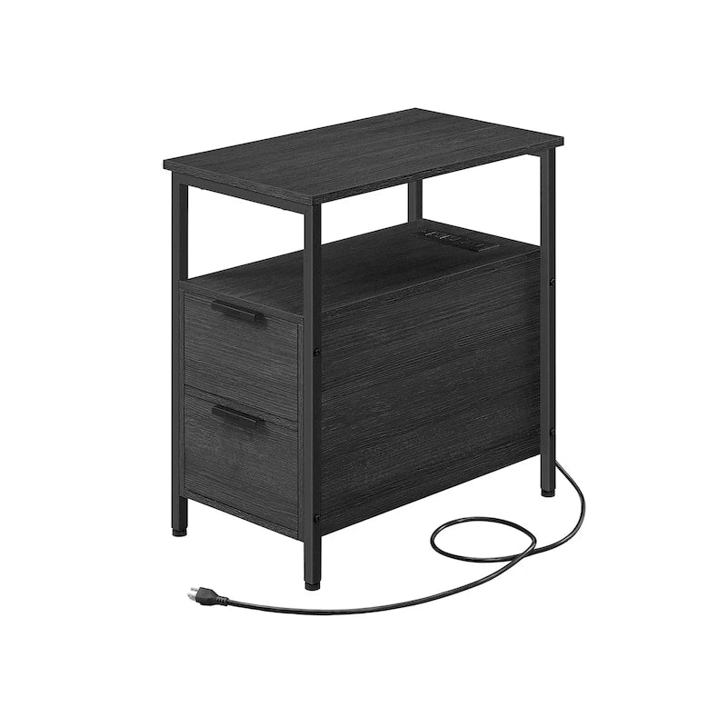 Table de chevet étroite à 2 tiroirs avec 2 étagères ouvertes et station de recharge pour le salon ou la chambre à coucher