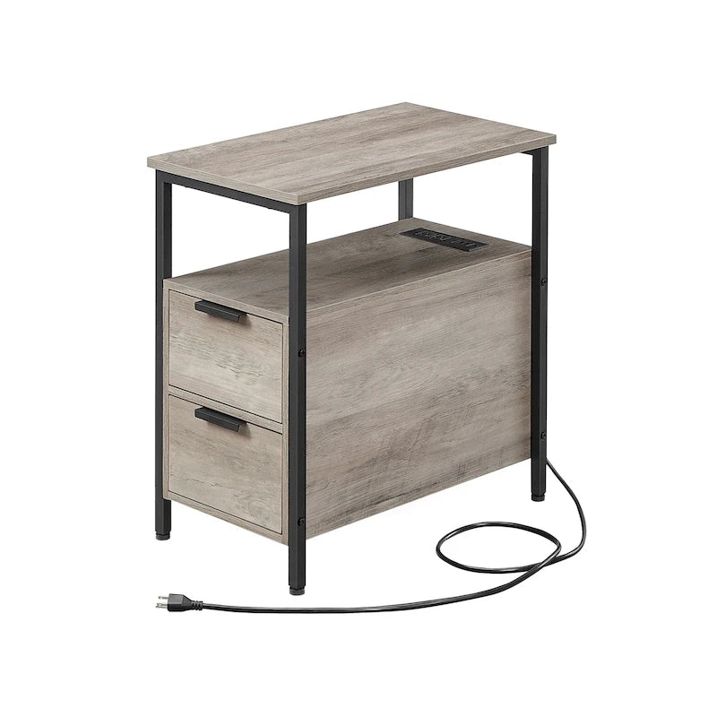 Table de chevet étroite à 2 tiroirs avec 2 étagères ouvertes et station de recharge pour le salon ou la chambre à coucher
