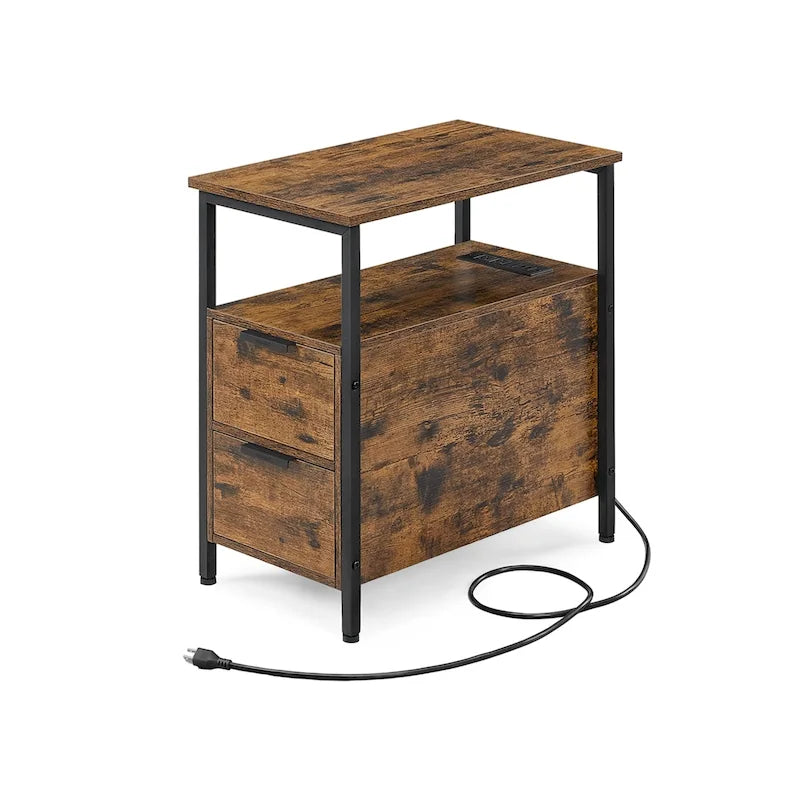 Table de chevet étroite à 2 tiroirs avec 2 étagères ouvertes et station de recharge pour le salon ou la chambre à coucher
