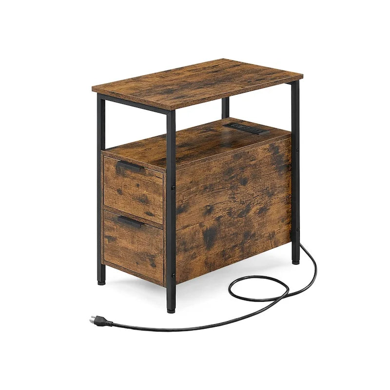 Table de chevet étroite à 2 tiroirs avec 2 étagères ouvertes et station de recharge pour le salon ou la chambre à coucher