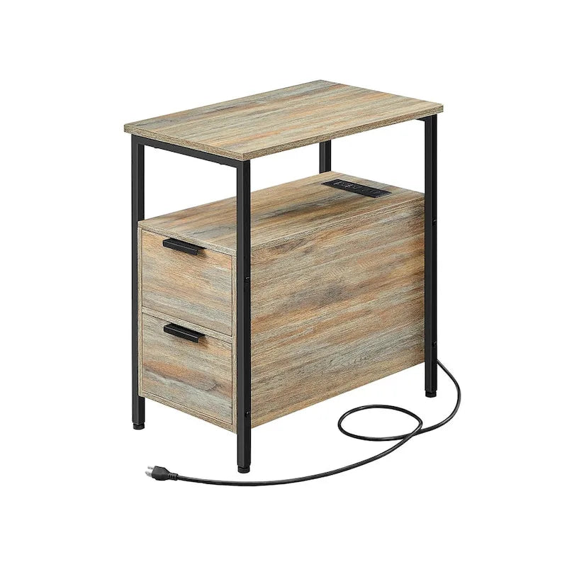 Table de chevet étroite à 2 tiroirs avec 2 étagères ouvertes et station de recharge pour le salon ou la chambre à coucher