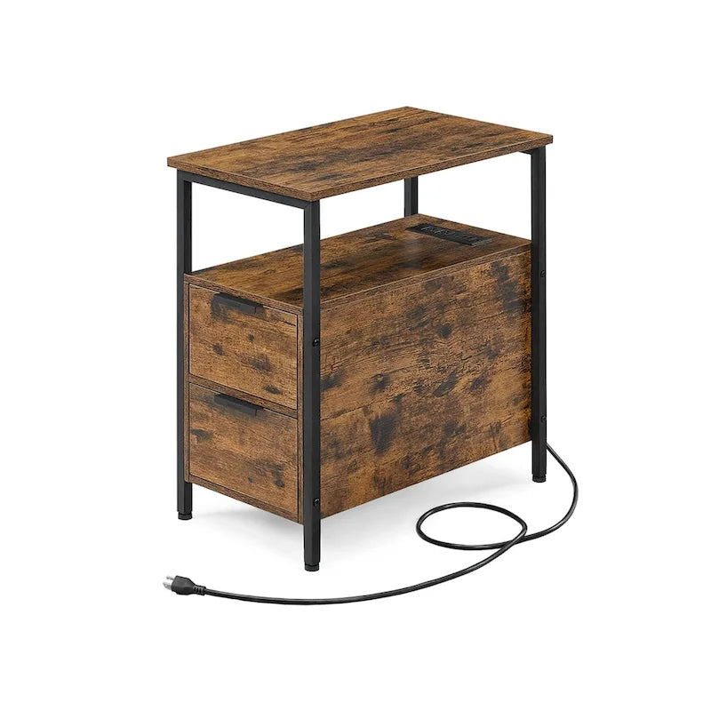 Table de chevet étroite à 2 tiroirs avec 2 étagères ouvertes et station de recharge pour le salon ou la chambre à coucher