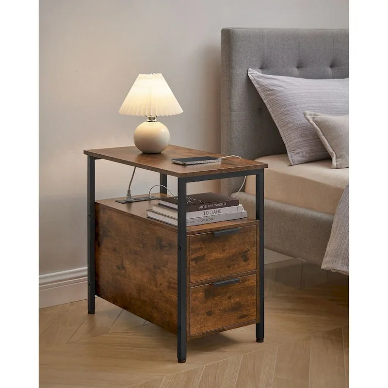 Table de chevet étroite à 2 tiroirs avec 2 étagères ouvertes et station de recharge pour le salon ou la chambre à coucher