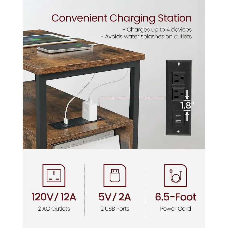 Table de chevet étroite à 2 tiroirs avec 2 étagères ouvertes et station de recharge pour le salon ou la chambre à coucher