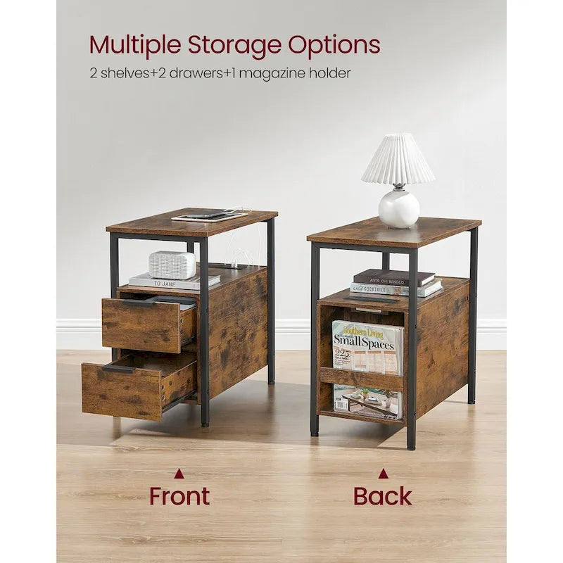 Table de chevet étroite à 2 tiroirs avec 2 étagères ouvertes et station de recharge pour le salon ou la chambre à coucher