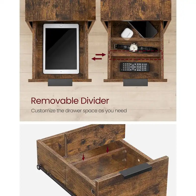 Table de chevet étroite à 2 tiroirs avec 2 étagères ouvertes et station de recharge pour le salon ou la chambre à coucher