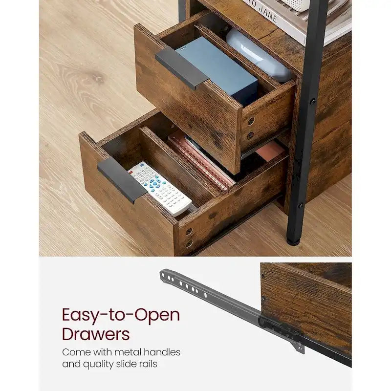 Table de chevet étroite à 2 tiroirs avec 2 étagères ouvertes et station de recharge pour le salon ou la chambre à coucher