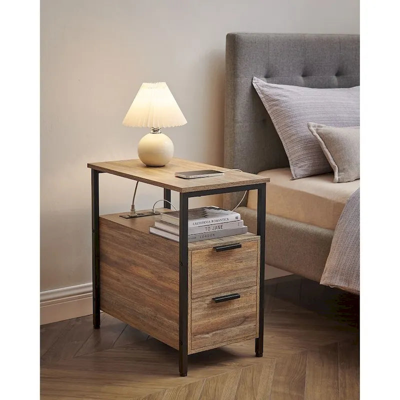 Table de chevet étroite à 2 tiroirs avec 2 étagères ouvertes et station de recharge pour le salon ou la chambre à coucher