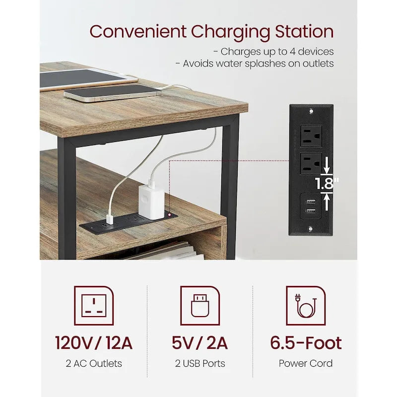 Table de chevet étroite à 2 tiroirs avec 2 étagères ouvertes et station de recharge pour le salon ou la chambre à coucher