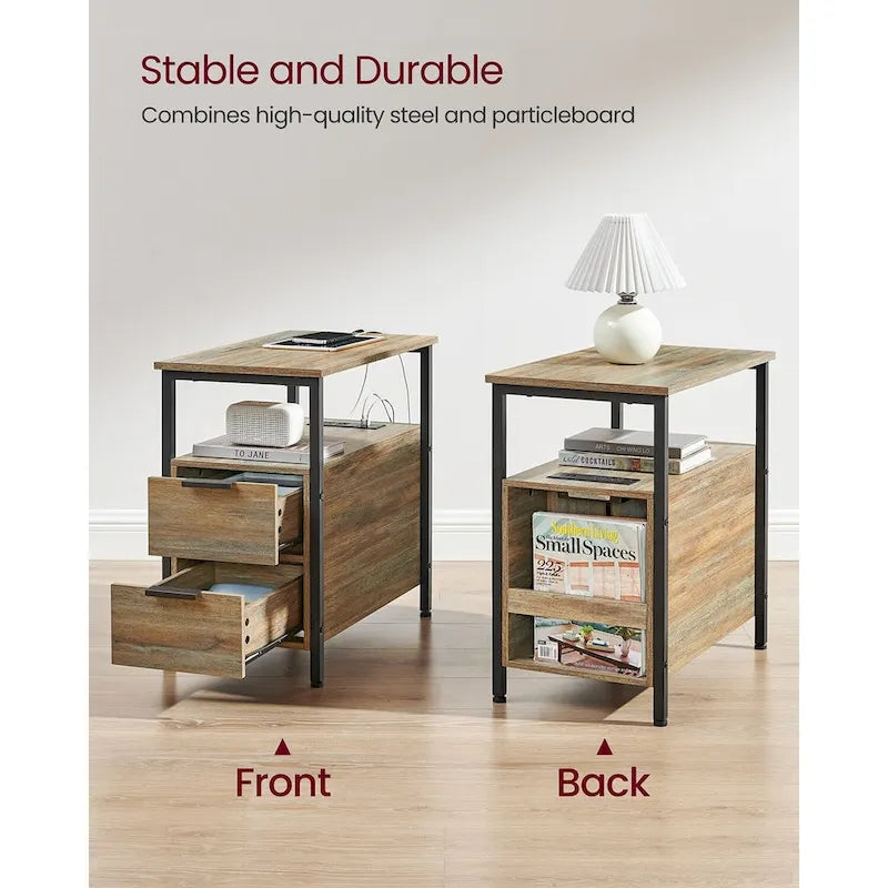Table de chevet étroite à 2 tiroirs avec 2 étagères ouvertes et station de recharge pour le salon ou la chambre à coucher