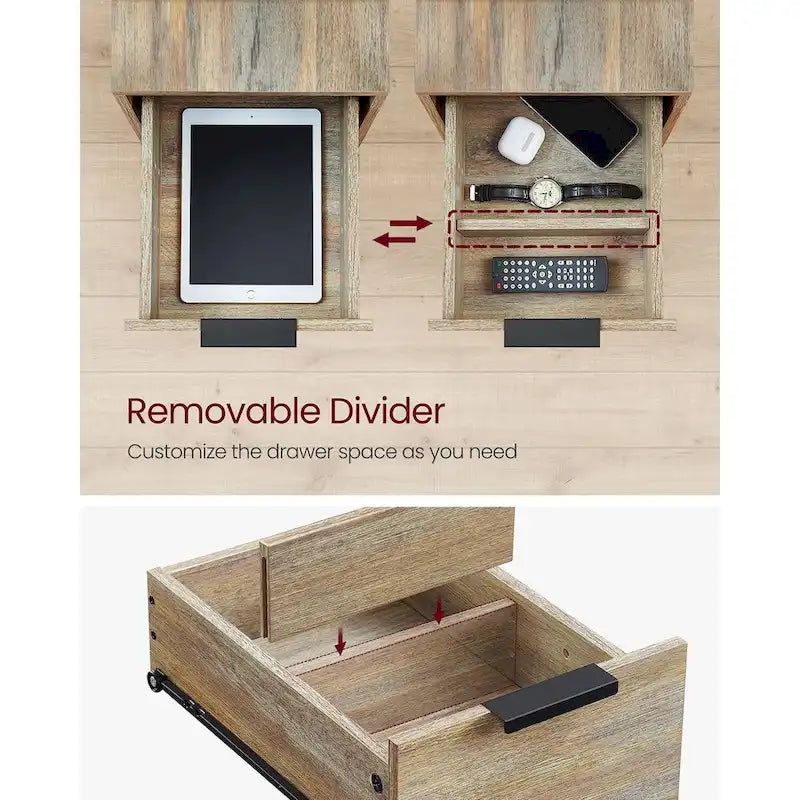 Table de chevet étroite à 2 tiroirs avec 2 étagères ouvertes et station de recharge pour le salon ou la chambre à coucher