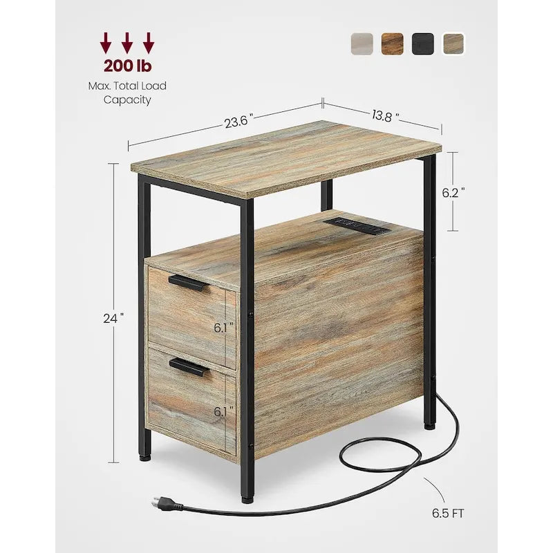 Table de chevet étroite à 2 tiroirs avec 2 étagères ouvertes et station de recharge pour le salon ou la chambre à coucher
