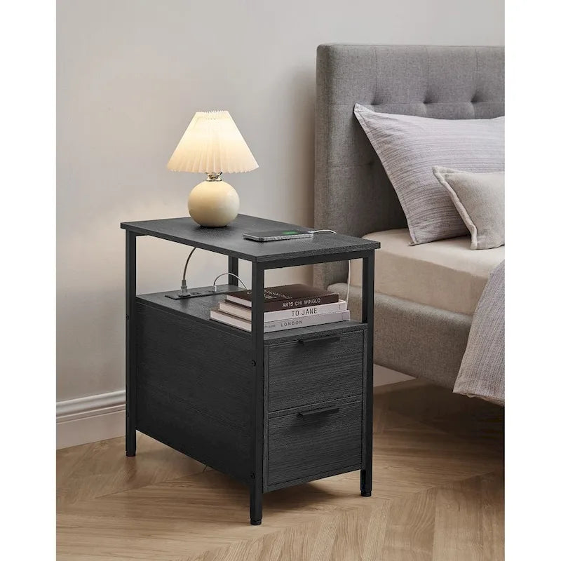 Table de chevet étroite à 2 tiroirs avec 2 étagères ouvertes et station de recharge pour le salon ou la chambre à coucher