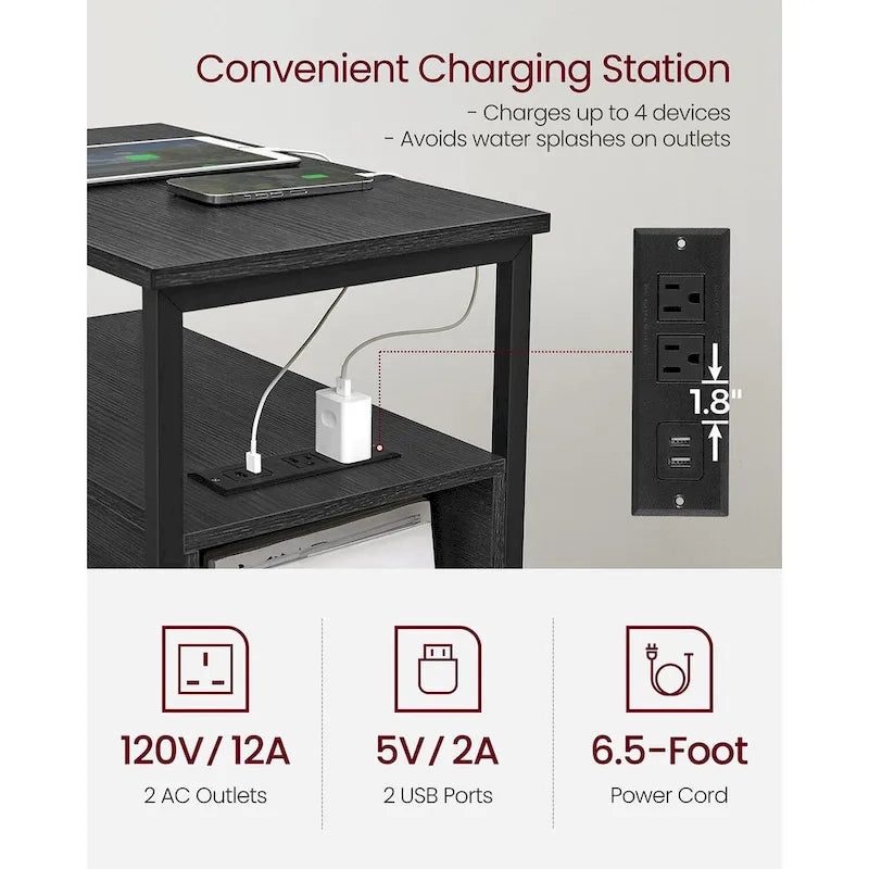 Table de chevet étroite à 2 tiroirs avec 2 étagères ouvertes et station de recharge pour le salon ou la chambre à coucher