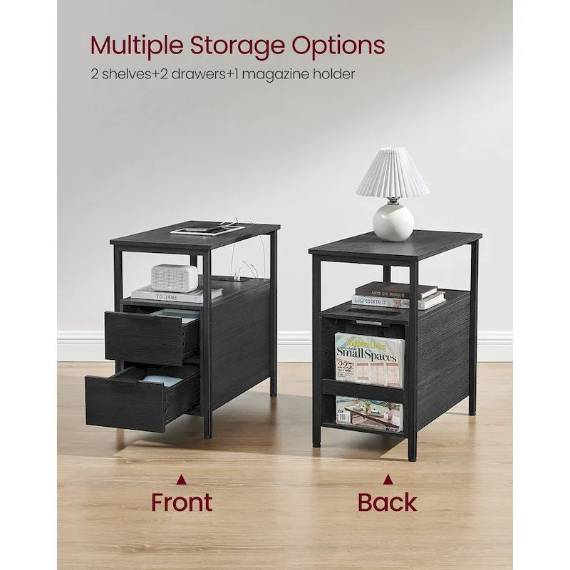 Table de chevet étroite à 2 tiroirs avec 2 étagères ouvertes et station de recharge pour le salon ou la chambre à coucher