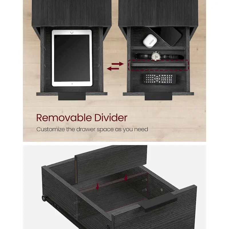 Table de chevet étroite à 2 tiroirs avec 2 étagères ouvertes et station de recharge pour le salon ou la chambre à coucher