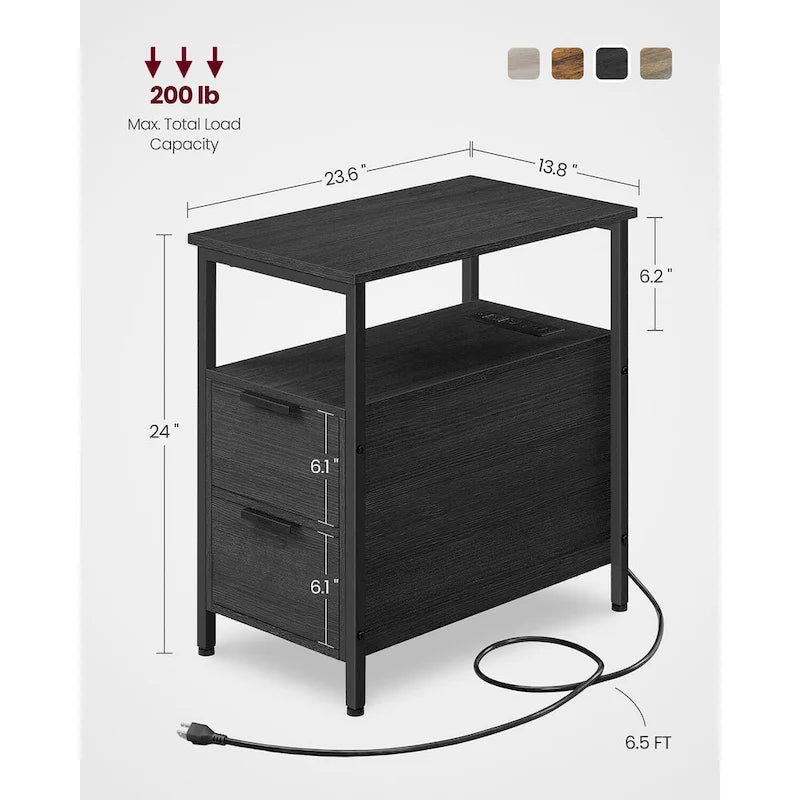Table de chevet étroite à 2 tiroirs avec 2 étagères ouvertes et station de recharge pour le salon ou la chambre à coucher
