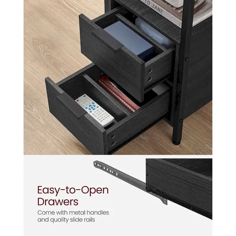 Table de chevet étroite à 2 tiroirs avec 2 étagères ouvertes et station de recharge pour le salon ou la chambre à coucher