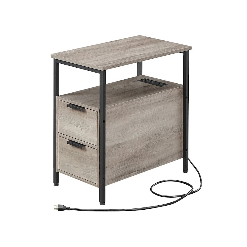Table de chevet étroite à 2 tiroirs avec 2 étagères ouvertes et station de recharge pour le salon ou la chambre à coucher