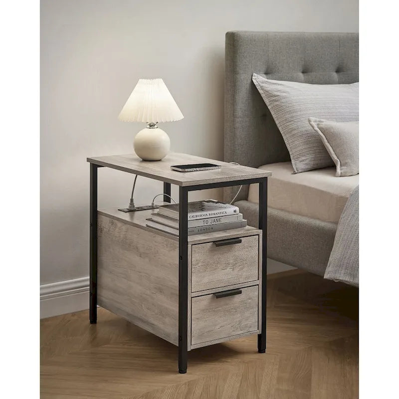 Table de chevet étroite à 2 tiroirs avec 2 étagères ouvertes et station de recharge pour le salon ou la chambre à coucher