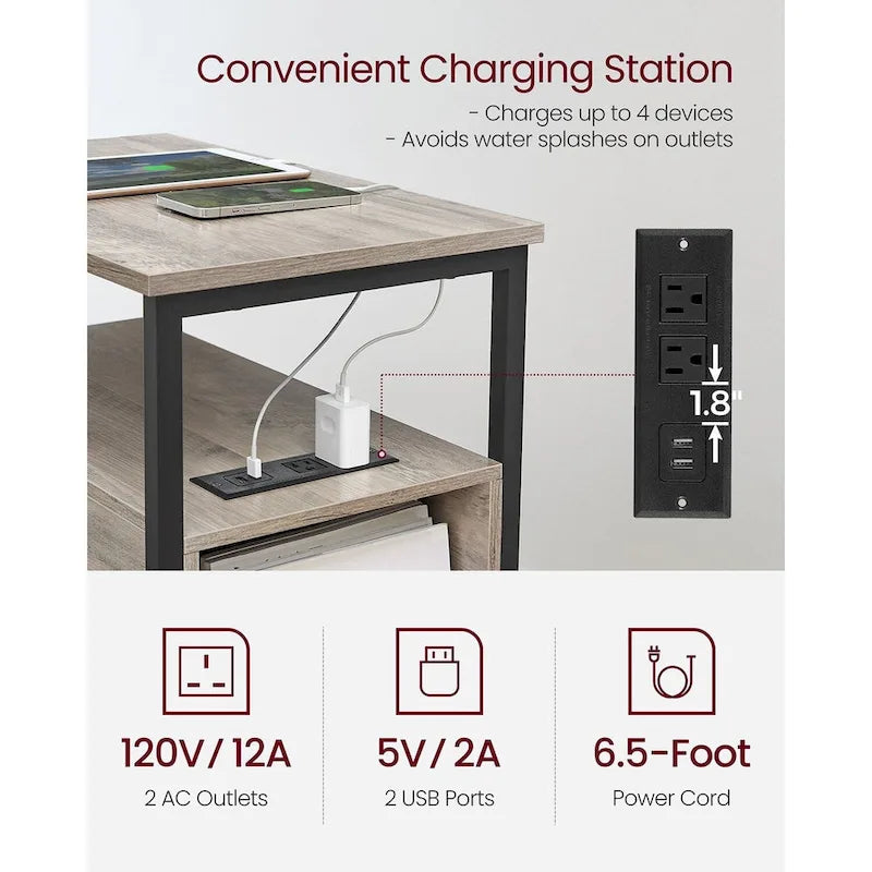Table de chevet étroite à 2 tiroirs avec 2 étagères ouvertes et station de recharge pour le salon ou la chambre à coucher
