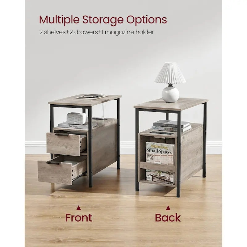 Table de chevet étroite à 2 tiroirs avec 2 étagères ouvertes et station de recharge pour le salon ou la chambre à coucher