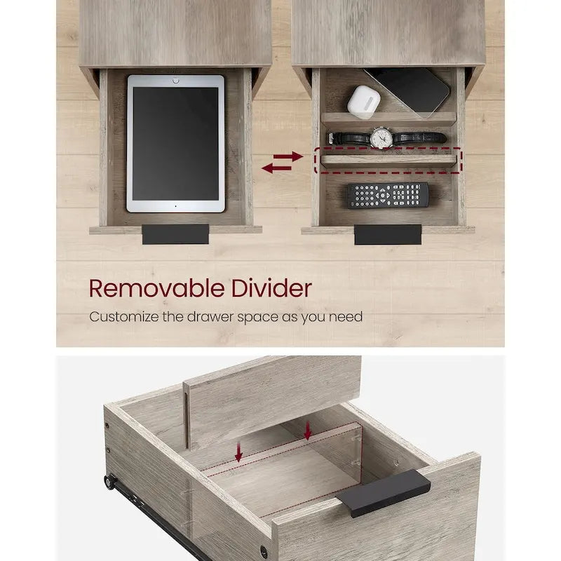 Table de chevet étroite à 2 tiroirs avec 2 étagères ouvertes et station de recharge pour le salon ou la chambre à coucher