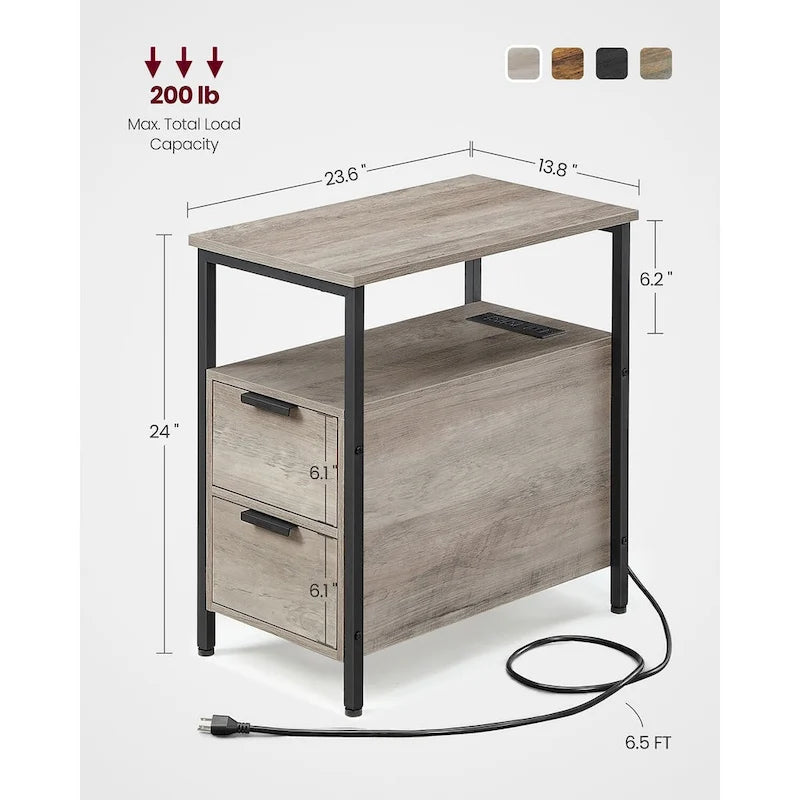 Table de chevet étroite à 2 tiroirs avec 2 étagères ouvertes et station de recharge pour le salon ou la chambre à coucher