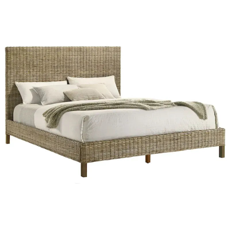 Grand lit, design tressé en rotin, tête de lit à panneaux, acajou gris