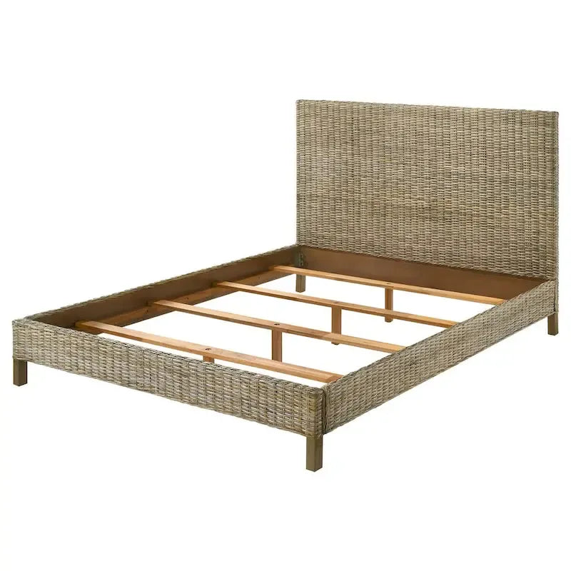 Grand lit, design tressé en rotin, tête de lit à panneaux, acajou gris