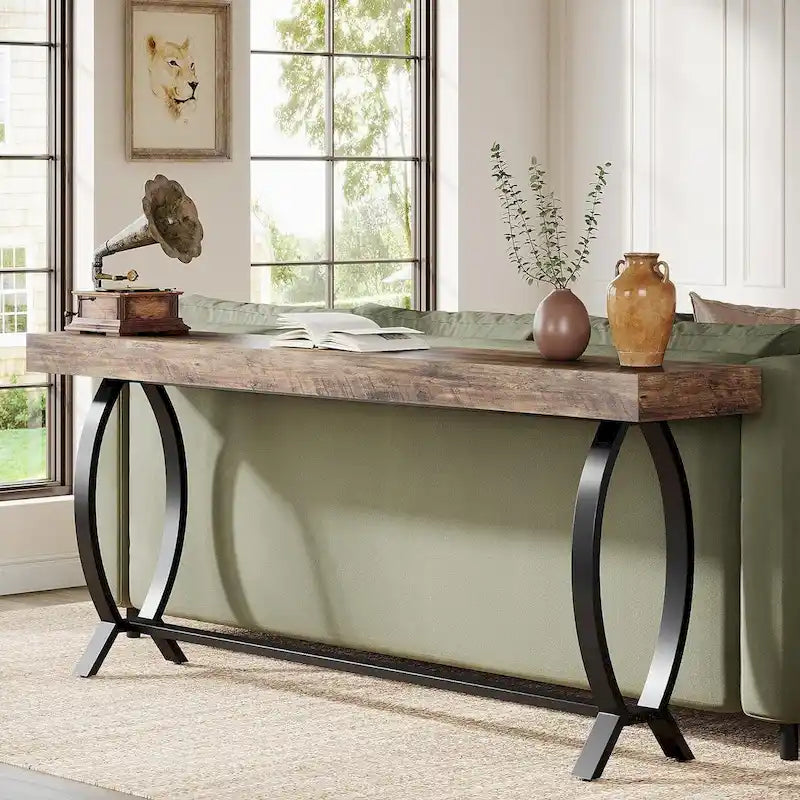 Console étroite de 180 cm pour entrée, table longue derrière un canapé