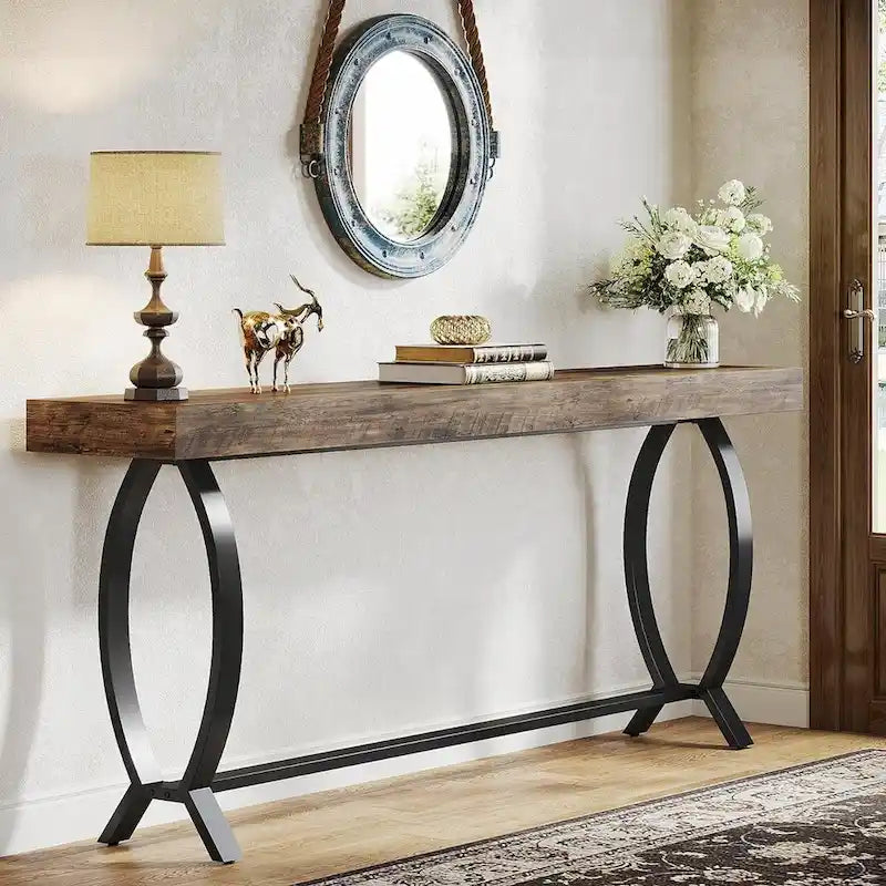 Console étroite de 180 cm pour entrée, table longue derrière un canapé