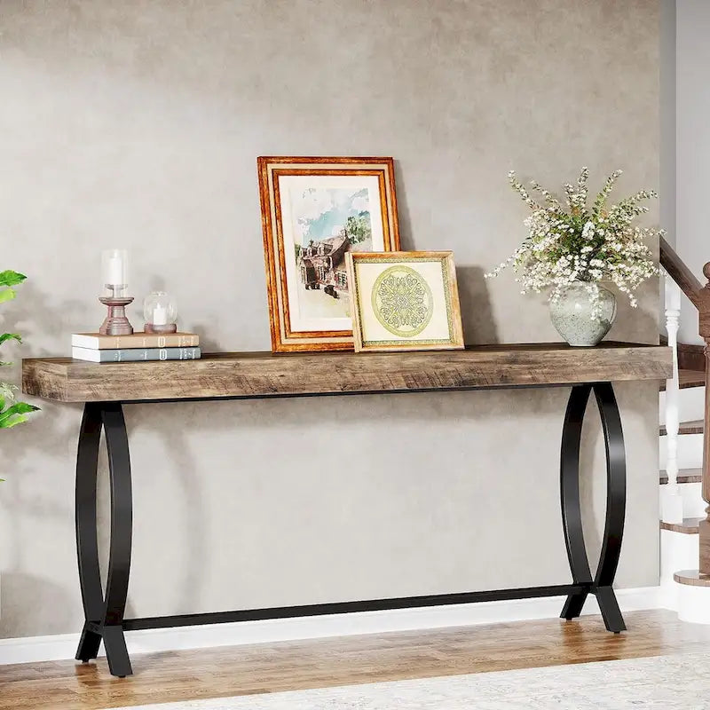 Console étroite de 180 cm pour entrée, table longue derrière un canapé
