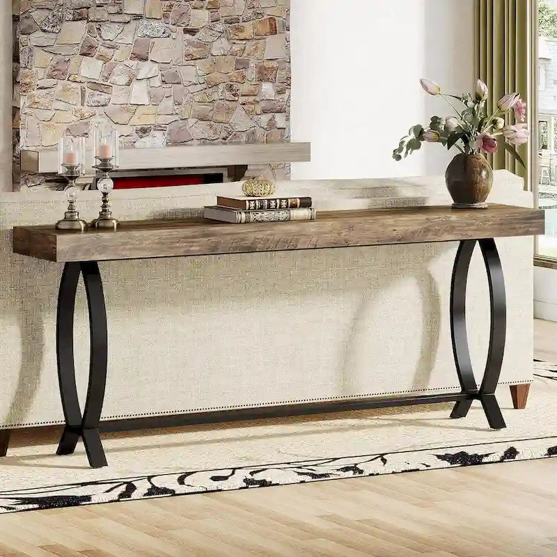 Console étroite de 180 cm pour entrée, table longue derrière un canapé