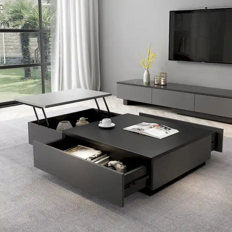 51.18 Lift Top Coffee Table with Hidden Storage Compartment and 2 Drawers