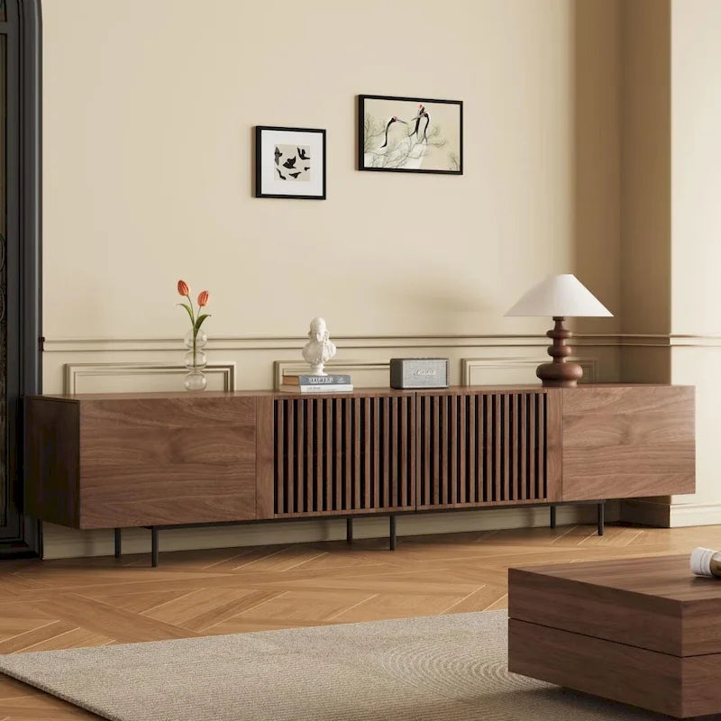 Meuble TV élégant, style moderne du milieu du siècle, pour téléviseurs jusqu'à 80 pouces. Grand espace de rangement pour les appareils multimédias, gestion des câbles. Montage facile.